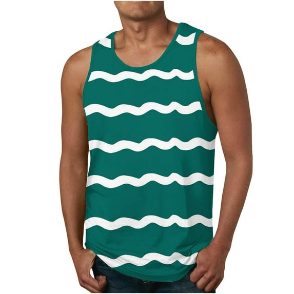 IYTR Mens Summer Beach Shirts Summer Sleeveless T Shirts Round Neck Regular Fit Athletic Fitness Tank Tops Casual Striped Comfy Green XL