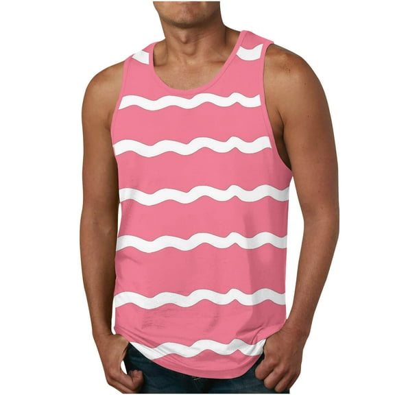 IYTR Mens Summer Beach Shirts Summer Sleeveless T Shirts Round Neck Regular Fit Athletic Fitness Tank Tops Casual Striped Comfy Pink L