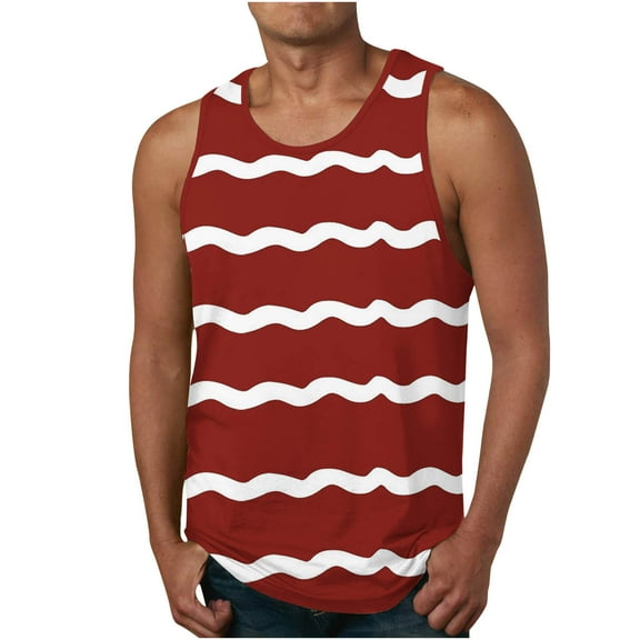 IYTR Mens Summer Beach Shirts Summer Sleeveless T Shirts Round Neck Regular Fit Athletic Fitness Tank Tops Casual Striped Comfy Red XXXL