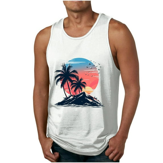 IYTR Mens Summer Sleeveless Tee Shirts Sleeveless T Shirts Comfy Crewneck Casual Sunset Coconut Tree Printing Summer Workout Tee Shirt Tropical Beach Tank Tops White XXL