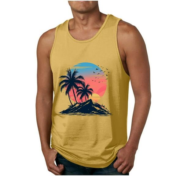 IYTR Mens Summer Sleeveless Tee Shirts Sleeveless T Shirts Comfy Crewneck Casual Sunset Coconut Tree Printing Summer Workout Tee Shirt Tropical Beach Tank Tops Yellow S
