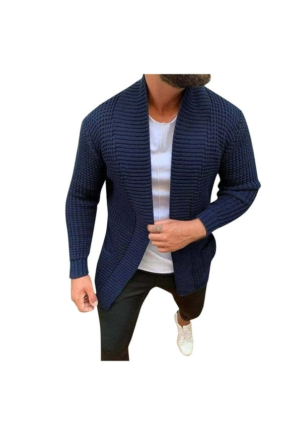 Mens Sweater Coat Long Sleeve Jacket Cardigan Round Neck Coat Casual Sweater Cardigan Single Button Jacket Solid Color Blue L