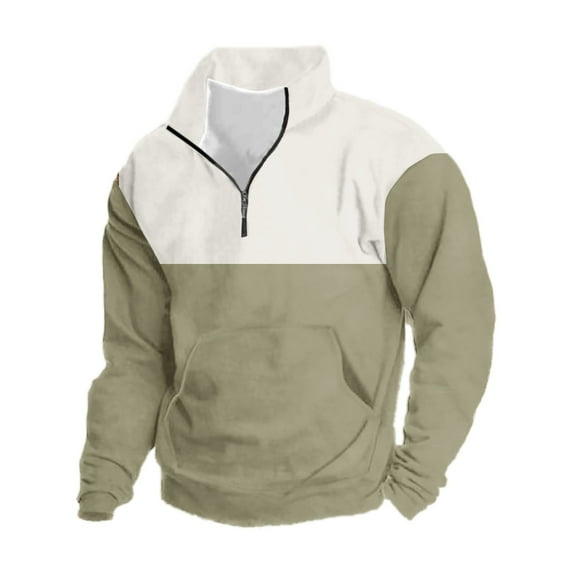 IYTR Mens Sweatshirts Vintage Pattern Western Sweatshirt Fall/Winter Fashion Solid Color Long Sleeve Sweatshirts Casual Zipper Stand-Up Collar Beige L