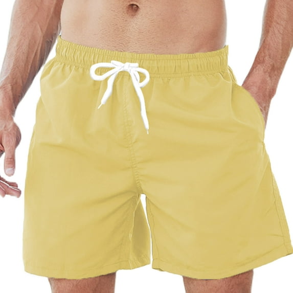 IYTR Mens Swim Shorts Summer Elastic Waist Drawstring Quick Dry Beach Shorts Casual Solid Color Sport Shorts with Pocket Yellow L