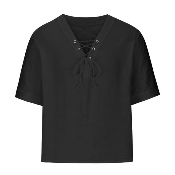 IYTR Mens T Shirt Fashion Summer Solid Color Short Sleeve T Shirts Laced V Neck Leisure Outdoor Shirts Casual Comfy Black XXXXL