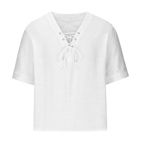 IYTR Mens T Shirt Fashion Summer Solid Color Short Sleeve T Shirts Laced V Neck Leisure Outdoor Shirts Casual Comfy White XXXXXXL