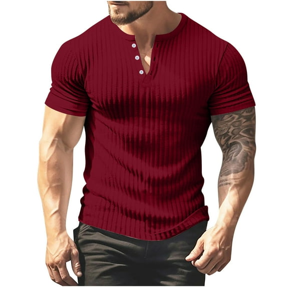 IYTR Mens T Shirt Short Sleeve T Shirts Breathable Textured Sport Shirts Solid Color Fashion Comfy 3-button Crewneck Casual Summer Wine XL