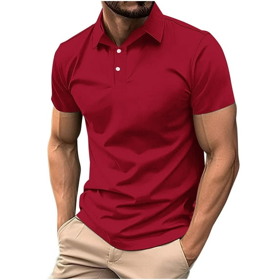 IYTR Mens T Shirts Casual Button-up Turndown Collar Tee Shirts Summer Fashion Solid Color Comfy Lightweight Gym Shirts Short Sleeve T Shirts Red M