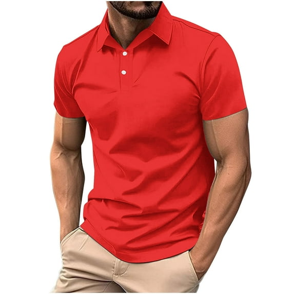 IYTR Mens T Shirts Casual Button-up Turndown Collar Tee Shirts Summer Fashion Solid Color Comfy Lightweight Gym Shirts Short Sleeve T Shirts Red XXXL