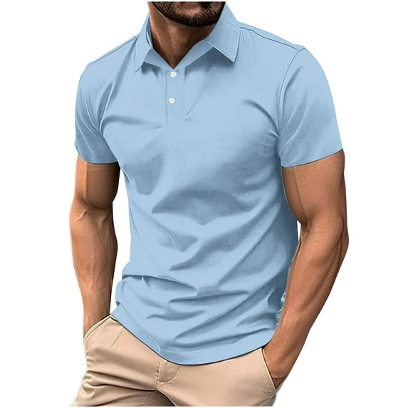 IYTR Mens T Shirts Casual Button-up Turndown Collar Tee Shirts Summer Fashion Solid Color Comfy Lightweight Gym Shirts Short Sleeve T Shirts Light Blue M