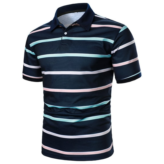 IYTR Mens T Shirts Casual Comfy Striped Short Sleeve Summer T Shirts Leisure Sport Shirts Pullover Lapel Dark Blue S