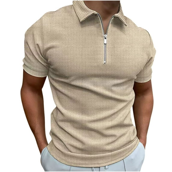 IYTR Mens T Shirts Comfy Short Sleeve Summer T Shirts Zipper Turndown Collar Fashion Athletic Shirts Casual Solid Color Khaki L