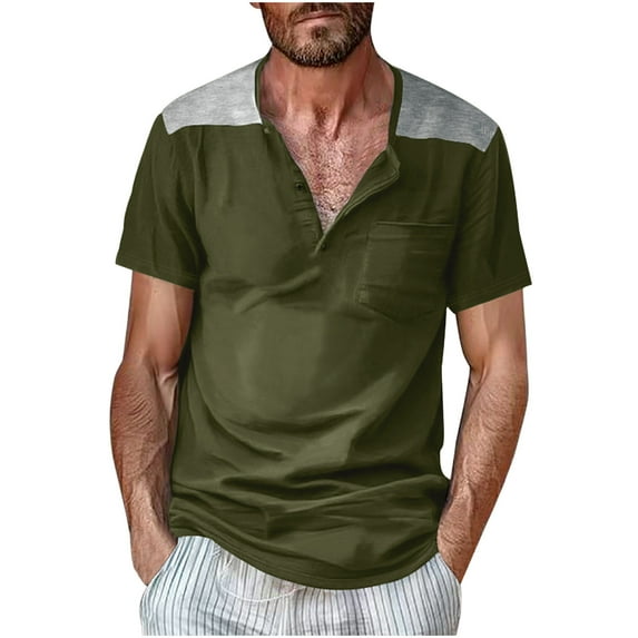 IYTR Mens T Shirts Fashion Button-up Round Neck T-shirts Summer Color Block Short Sleeve T Shirts Leisure Athletic Fitness Shirts with Pocket Army Green M