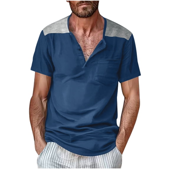 IYTR Mens T Shirts Fashion Button-up Round Neck T-shirts Summer Color Block Short Sleeve T Shirts Leisure Athletic Fitness Shirts with Pocket Blue S