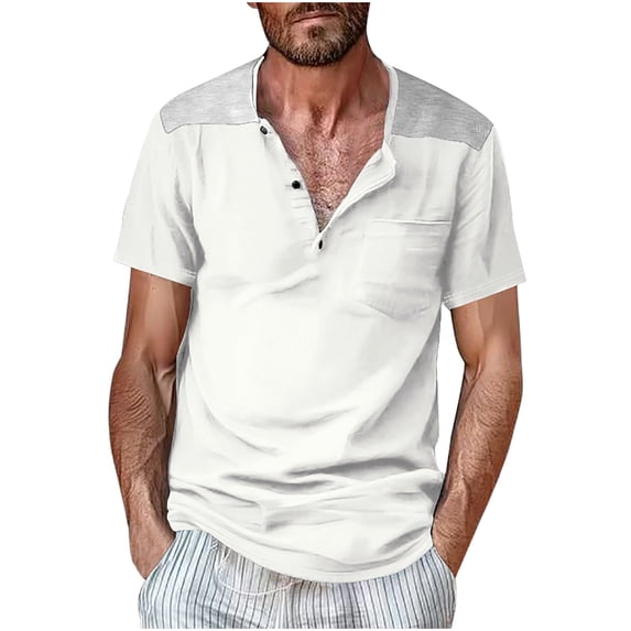 IYTR Mens T Shirts Fashion Button-up Round Neck T-shirts Summer Color Block Short Sleeve T Shirts Leisure Athletic Fitness Shirts with Pocket White L
