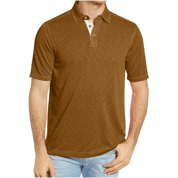 IYTR Mens T Shirts Short Sleeve Summer T Shirts Comfy Button-Up Turndown Collar Casual Solid Color Classic Comfortable Workout Shirts Khaki L