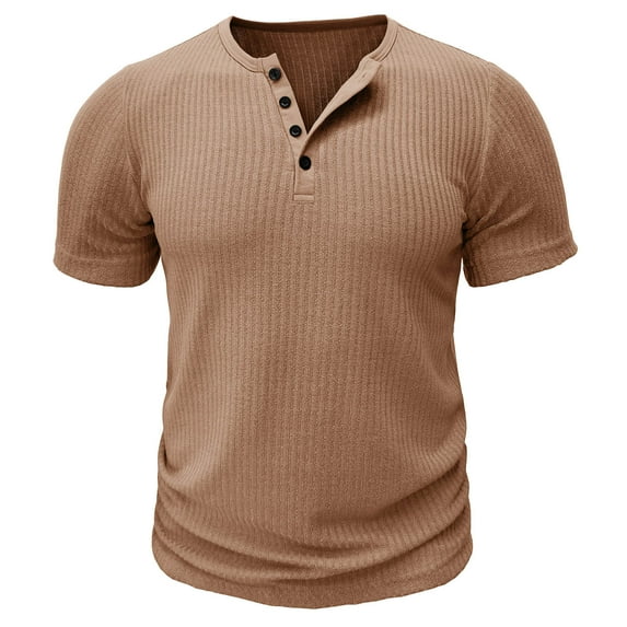 IYTR Mens T Shirts Short Sleeve T Shirts Fashion Solid Color Button Down Round Neck Stretch Slim-Fit Gym Shirts Casual Comfy Summer Khaki S