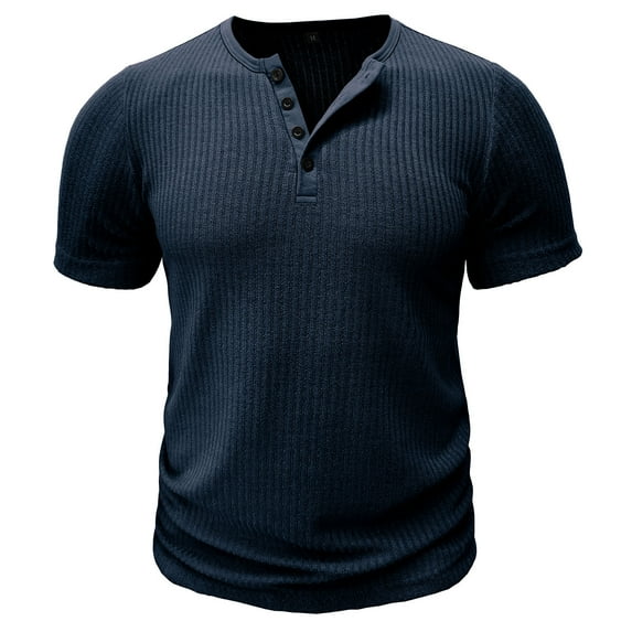 IYTR Mens T Shirts Short Sleeve T Shirts Fashion Solid Color Button Down Round Neck Stretch Slim-Fit Gym Shirts Casual Comfy Summer Navy XL