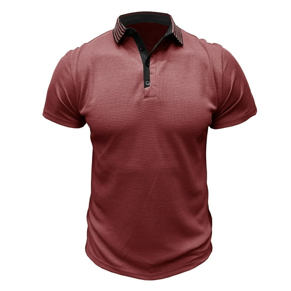 IYTR Mens T Shirts Solid Color Comfortable Gym Golf Shirts Short Sleeve Summer T Shirts Comfy Button Up Lapel Casual Red S