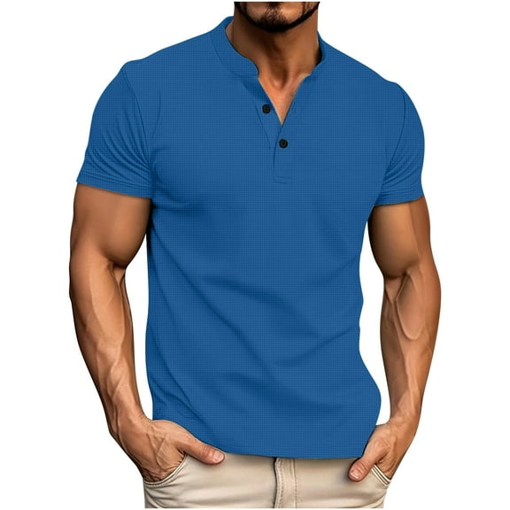 IYTR Mens T Shirts Solid Color Comfy Short Sleeve Summer T Shirts Button Up Round Neck Casual Lightweight Sport Fitness Shirts Blue S