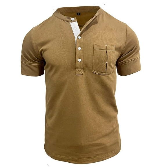 IYTR Mens T Shirts Summer Running Fitness Athletic Shirts With Pocket Casual Comfy Solid Color Fashion Short Sleeve T Shirts Button Up Stand Collar Khaki M