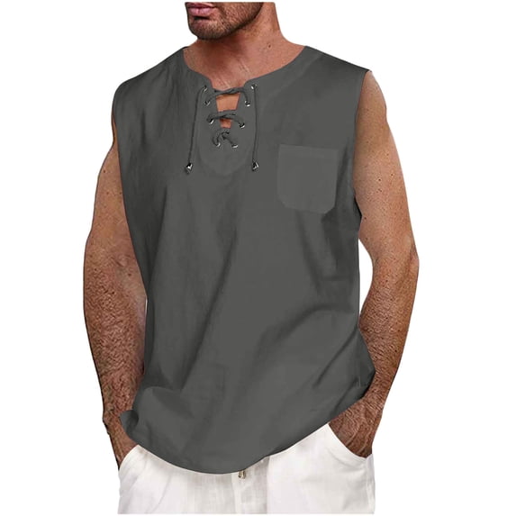 IYTR Mens Tank Tops Linen Tie Pocket Tank Tops Summer Sleeveless Sports Solid Color Vest V-Neck Tops Gray XXXXXL
