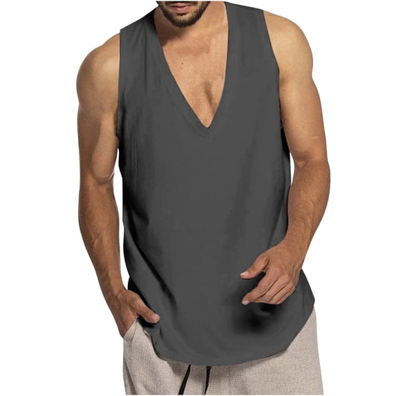 IYTR Mens Tank Tops Sports Loose Comfy Summer Solid Color V-Neck Vest Sleeveless Tank Tops Dark Gray XXL