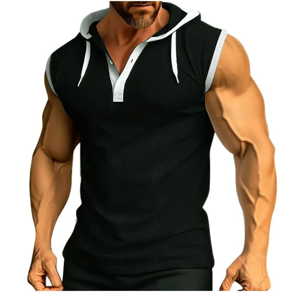 IYTR Mens Tank Tops Summer Casual Color Matching Comfy Fashion Sleeveless T Shirts Pullover Hooded Drawstring Sport Fitness Muscle Tee Shirts Black XXL
