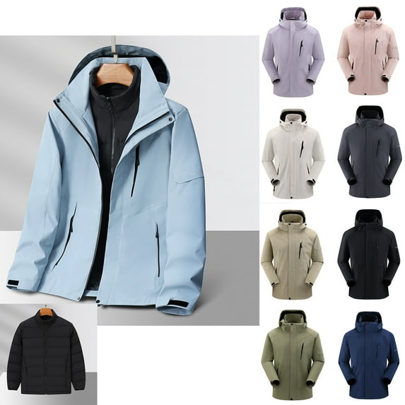 IYTR Mens Three-in-one Winter Warm Hooded Coat Solid Color Long Sleeve Zipper Hooded Neck Jacket Plus Size Loose Thickened Warm Jackets with Pockets White M