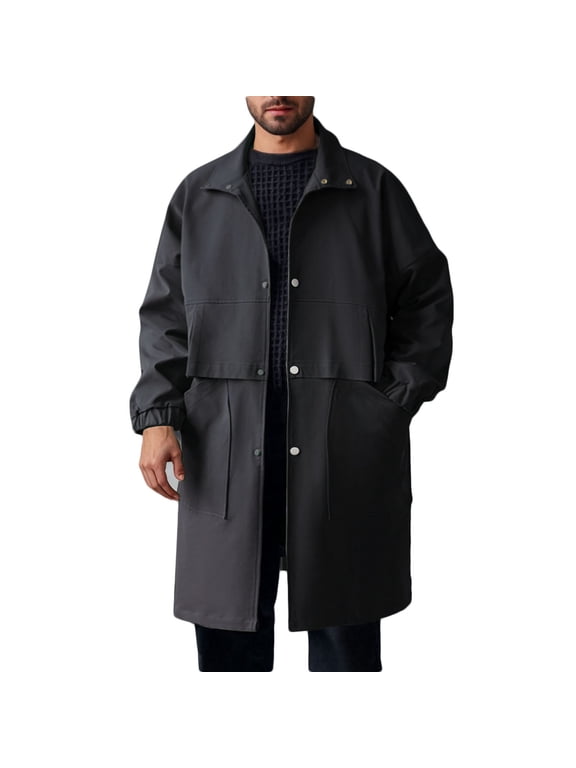 Mens Trench Coat Fall Fashion Long Sleeve Lapel Windproof Jackets Casual Solid Color Button Loose Windbreaker Trench Coats (Black,M)