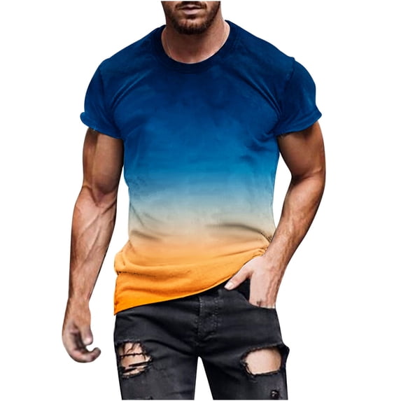 IYTR Mens Tshirts Summer Fashion Gradient Color Sport Shirt Casual Short Sleeve Round Neck Pullover Athletic Shirt Blue XXXXXL