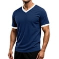 thumbnail image 1 of IYTR Mens V-Neck Short Sleeve Slim Fit T-Shirt Contrast Trim Cuff Casual Summer Athletic Gym Workout Solid Color Muscle Tee (Navy,XL), 1 of 8