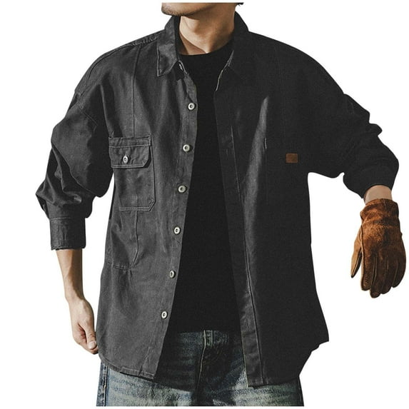 IYTR Mens Vintage Cargo Lapel Collar Shirt Casual Long Sleeve Button Blouse Lightweight Trendy Shirts with Pockets (Dark Gray,XXXXL)