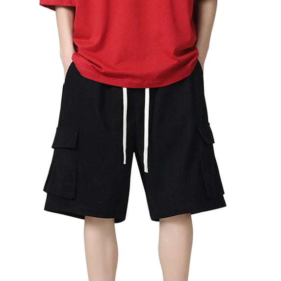 IYTR Mens Wide Leg Casual Cargo Shorts with Pockets Casual Loose Drawstring Waist Hiking Shorts (Black,XXXXL)