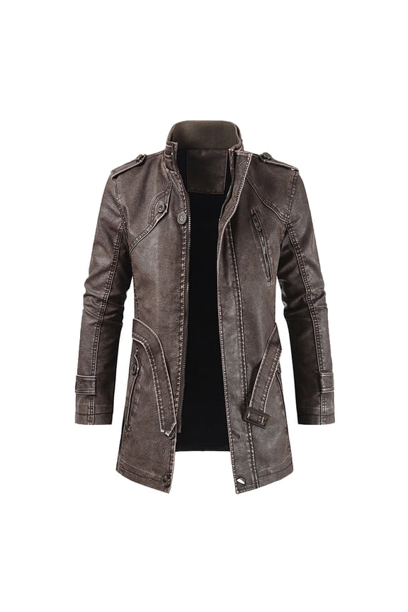 Mens Winter Jacket Casual Warm Fit Thick Leather Long Jacket with Pocket Long Sleeve Jacket Button-up Stand-up Collar Solid Color Brown L