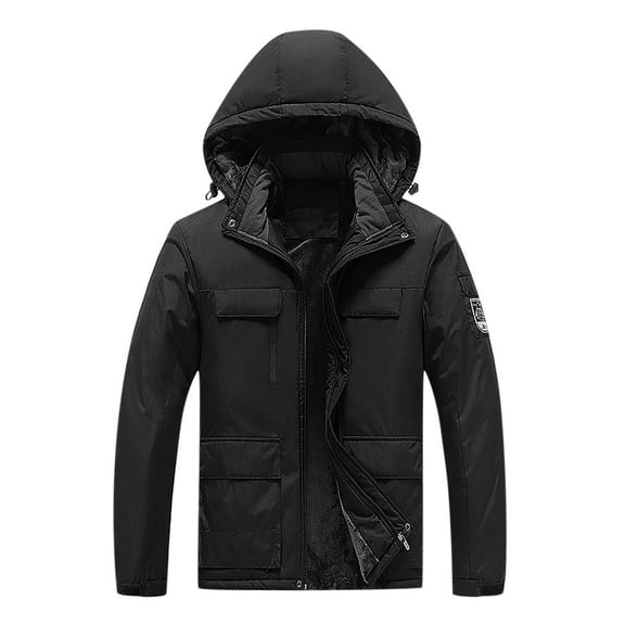 IYTR Mens Winter Jacket Comfy Thicken Warm Jacket Coat with Pocket Solid Color Zipper Hooded Neck Long Sleeve Jacket Black XXL