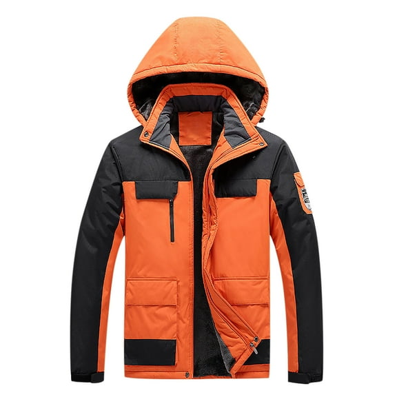 IYTR Mens Winter Jacket Comfy Thicken Warm Jacket Coat with Pocket Solid Color Zipper Hooded Neck Long Sleeve Jacket Orange XXXL
