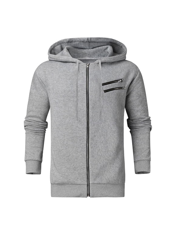 Mens Winter Jacket Fashion Utility Sweatshirt Tops Coat with Pocket Solid Color Long Sleeve Jacket Zipper Hooded Neck Gray XL