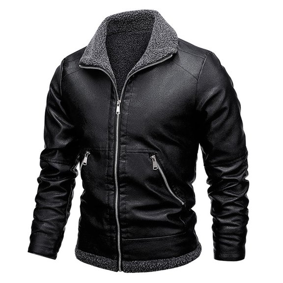 IYTR Mens Winter Jacket Fleece Leather Jackets Vintage Long Sleeve Coats Lapel Collar Outdoor Motorcycle Jacket Zip Up Coat (Black,L)
