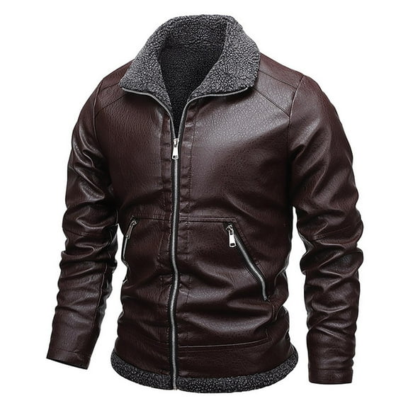 IYTR Mens Winter Jacket Fleece Leather Jackets Vintage Long Sleeve Coats Lapel Collar Outdoor Motorcycle Jacket Zip Up Coat (Coffee,M)