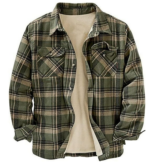 IYTR Mens Winter Jacket Long Sleeve Jacket Plus Velvet Shirts Warm Coats with Pocket Button-up Turndown Collar Plaid Green XXXXL