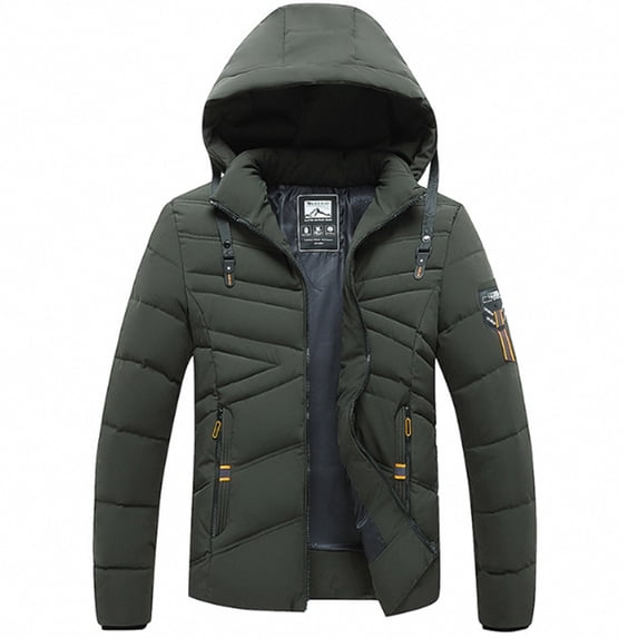 IYTR Mens Winter Jacket Long Sleeve Jacket Solid Color Zipper Hooded Neck Casual Padded Jacket with Pocket Army Green XXXL
