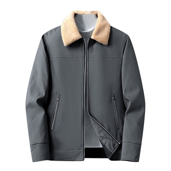 IYTR Mens Winter Jacket Long Sleeve Jacket Solid Color Zipper Turndown Collar Loose Plus Velvet Padded Warm -Padded Jacket with Pocket Gray M