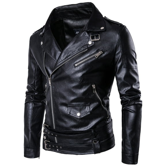 IYTR Mens Winter Jacket Long Sleeve Jacket Zipper Stand-up Collar Warm Leather Jacket Coats with Pocket Solid Color Black L