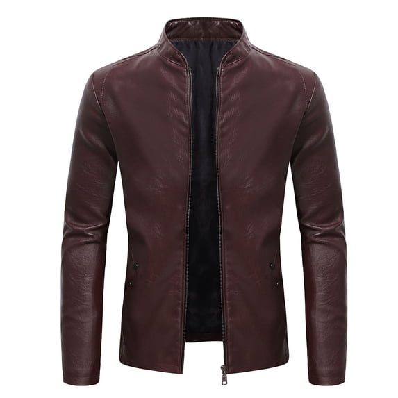 IYTR Mens Winter Jacket Long Sleeve Jacket Zipper Stand-up Collar Warm Leather Jacket Coats with Pocket Solid Color Red XL