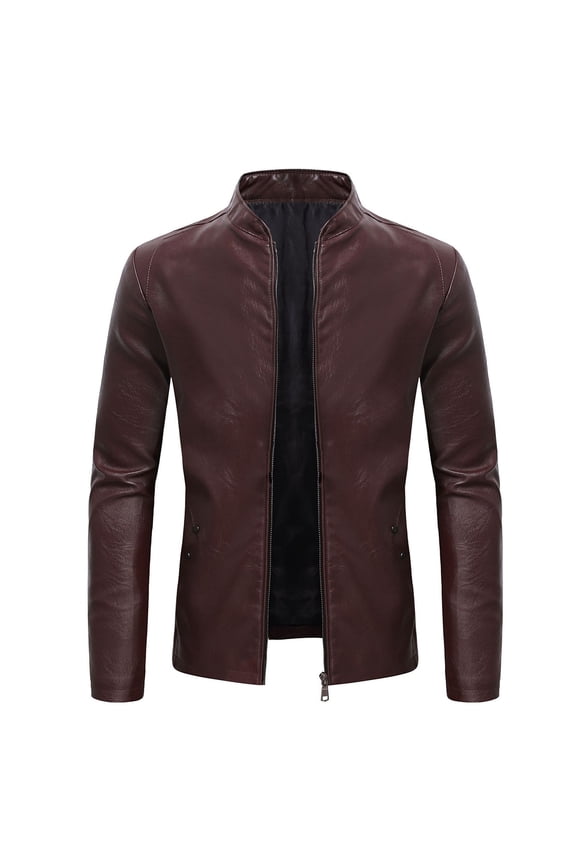 Mens Winter Jacket Long Sleeve Jacket Zipper Stand-up Collar Warm Leather Jacket Coats with Pocket Solid Color Red XL