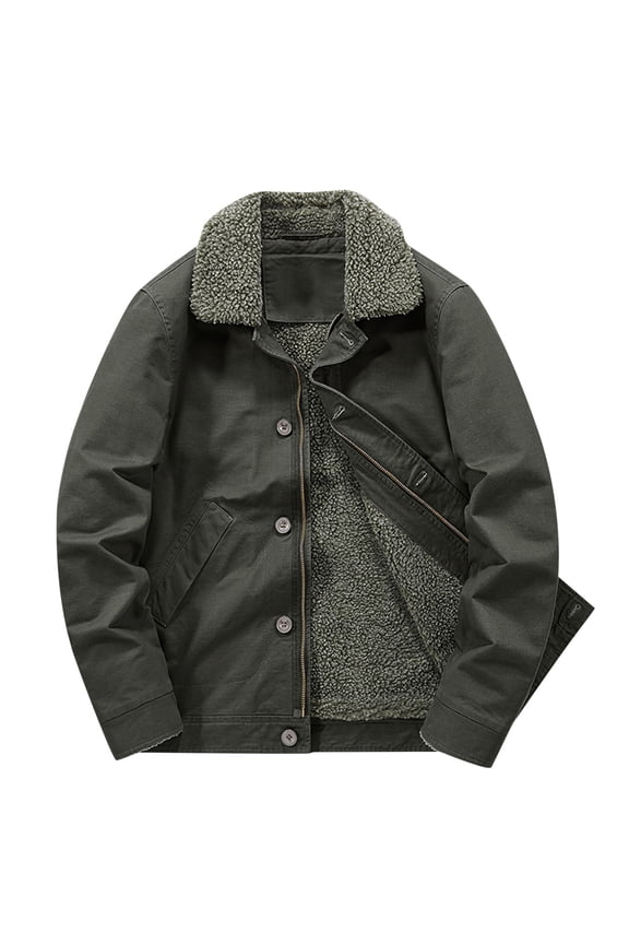 Mens Winter Jacket Plus Velvet Padded Warm Jacket Coats with Pocket Solid Color Long Sleeve Jacket Button-up Turndown Collar Green L