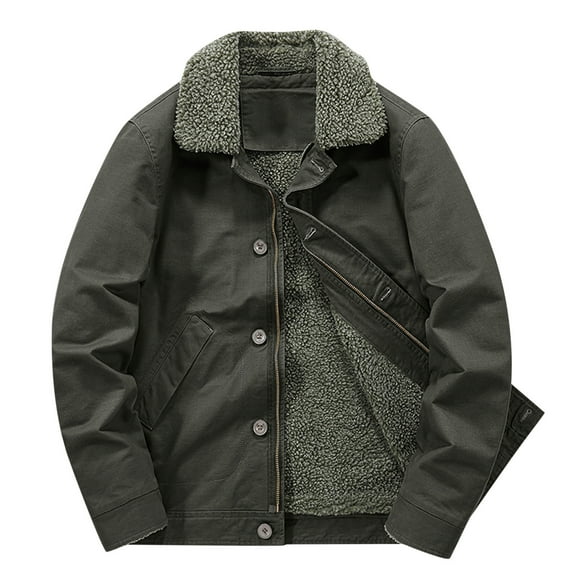 IYTR Mens Winter Jacket Plus Velvet Padded Warm Jacket Coats with Pocket Solid Color Long Sleeve Jacket Button-up Turndown Collar Green XXXL