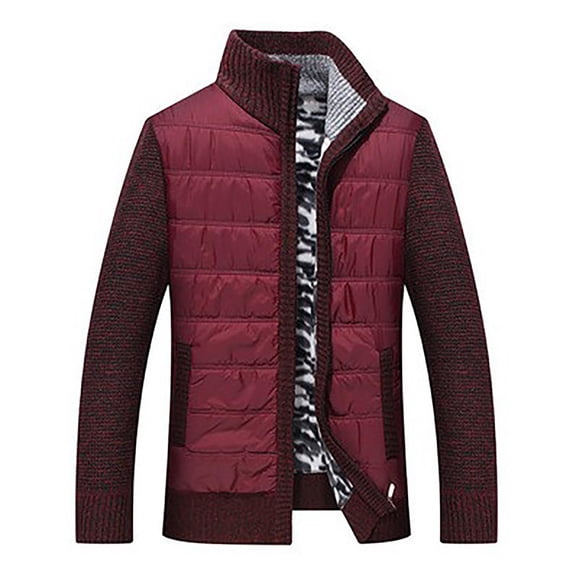 IYTR Mens Winter Jacket Plus Velvet Padded Warm Knit Coats with Pocket Long Sleeve Jacket Zipper Stand-up Collar Patchwork Red XL