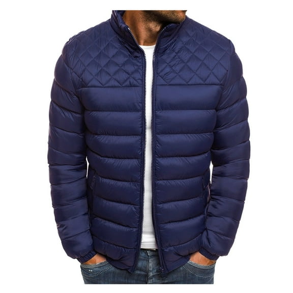 IYTR Mens Winter Jacket Solid Color Comfy Keep Warm Down Jacket with Pocket Long Sleeve Jacket Zipper Stand-Up Collar Dark Blue M